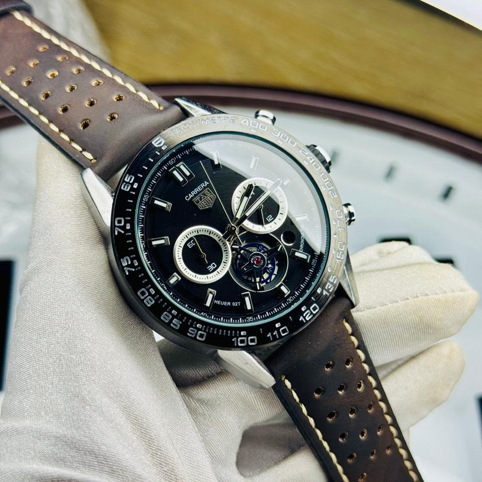 Racing chronograph watch with black dial and brown perforated leather strap – ZENO