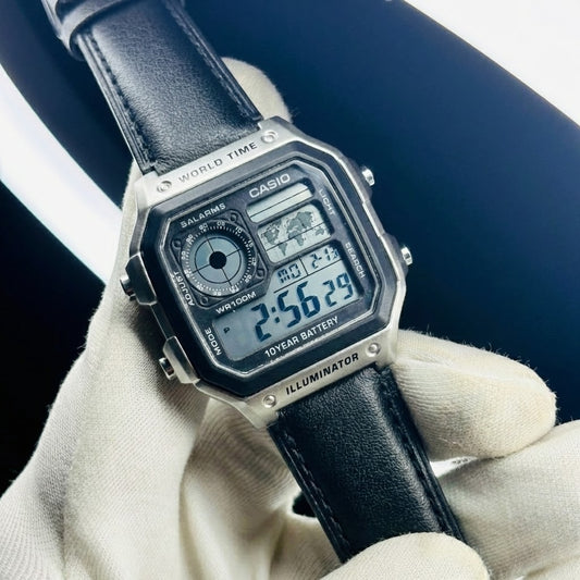 Retro world time digital watch with world map display – ZENO