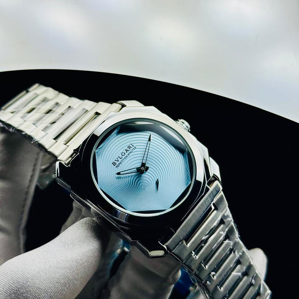 Octagonal watch with light blue spiral dial and steel bracelet – ZENO
