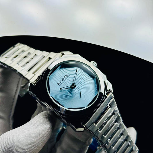 Octagonal watch with light blue spiral dial and steel bracelet – ZENO