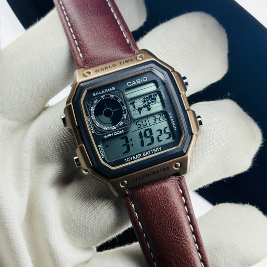 Retro world time digital watch in bronze and deep brown leather – ZENO