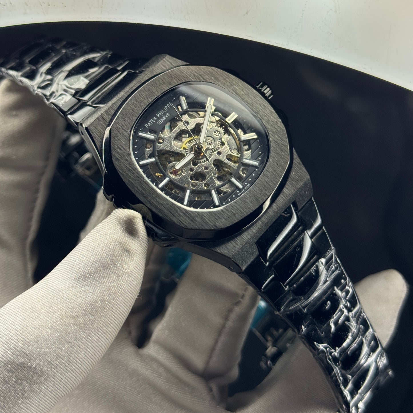 Octagonal bezel skeleton automatic watch in stealth black – ZENO