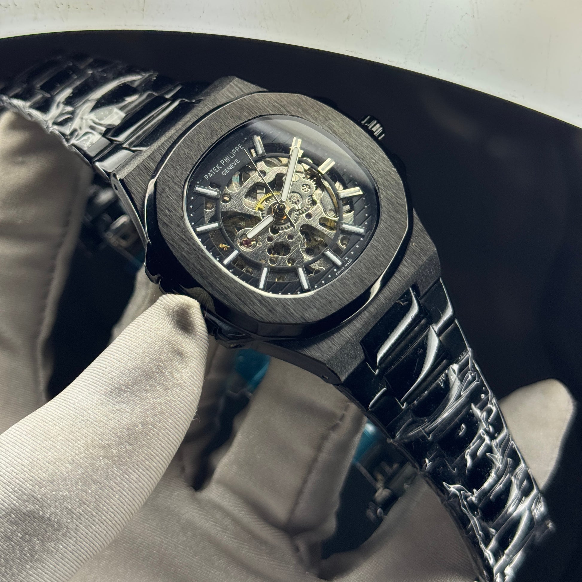 Octagonal bezel skeleton automatic watch in stealth black – ZENO
