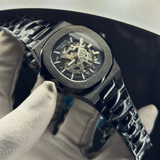 Octagonal bezel skeleton automatic watch in stealth black – ZENO