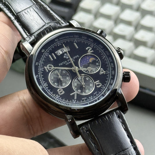 Racing chronograph watch with black dial and leather strap – ZENO