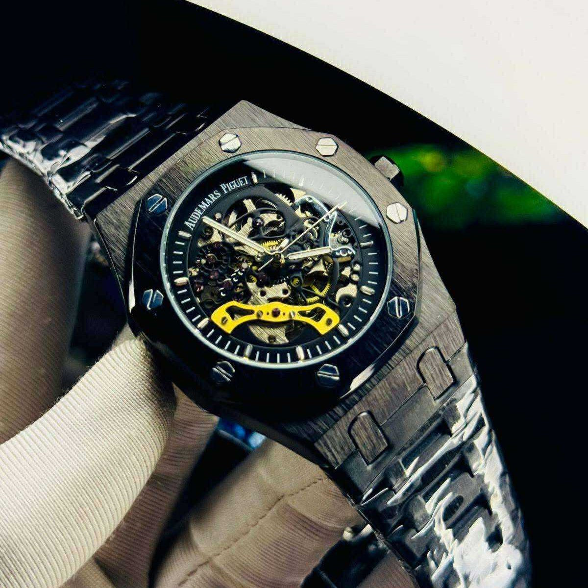 Black and yellow skeleton automatic watch with octagonal bezel – ZENO