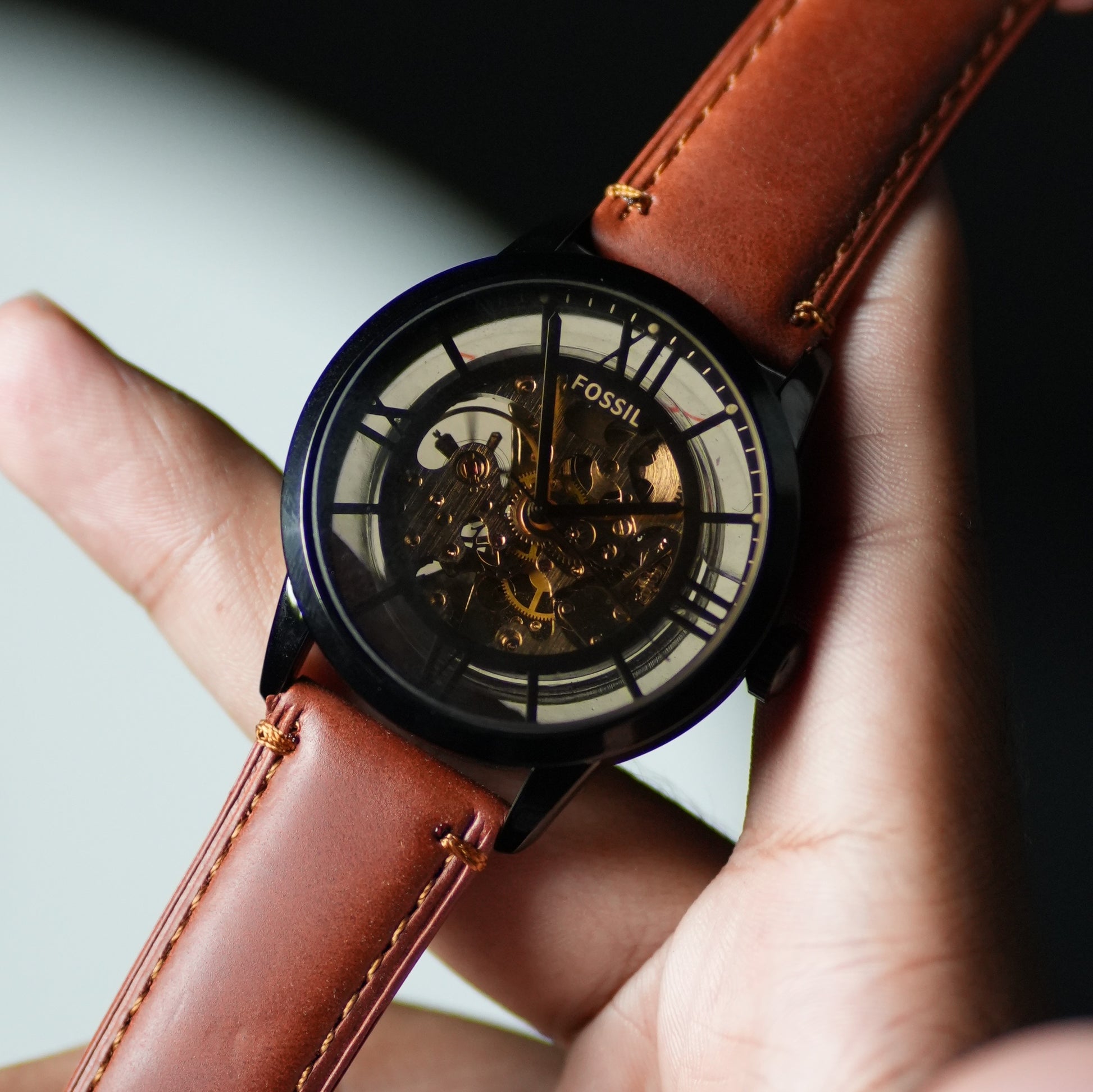 Open-heart skeleton automatic watch with brown leather strap – ZENO