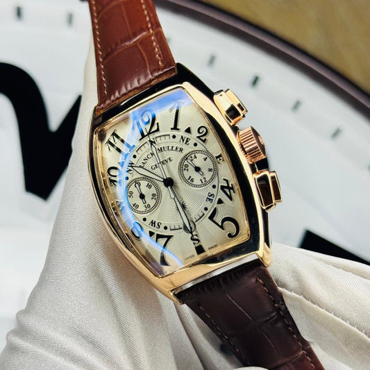 Rose gold tonneau chronograph watch with champagne textured dial – ZENO