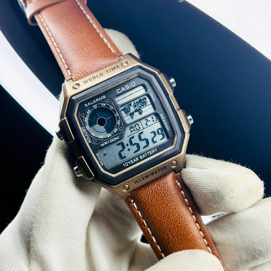 Retro world time digital watch in antique bronze and tan leather – ZENO