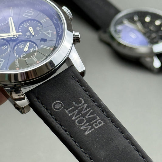 World map chronograph watch in midnight black with leather strap – ZENO