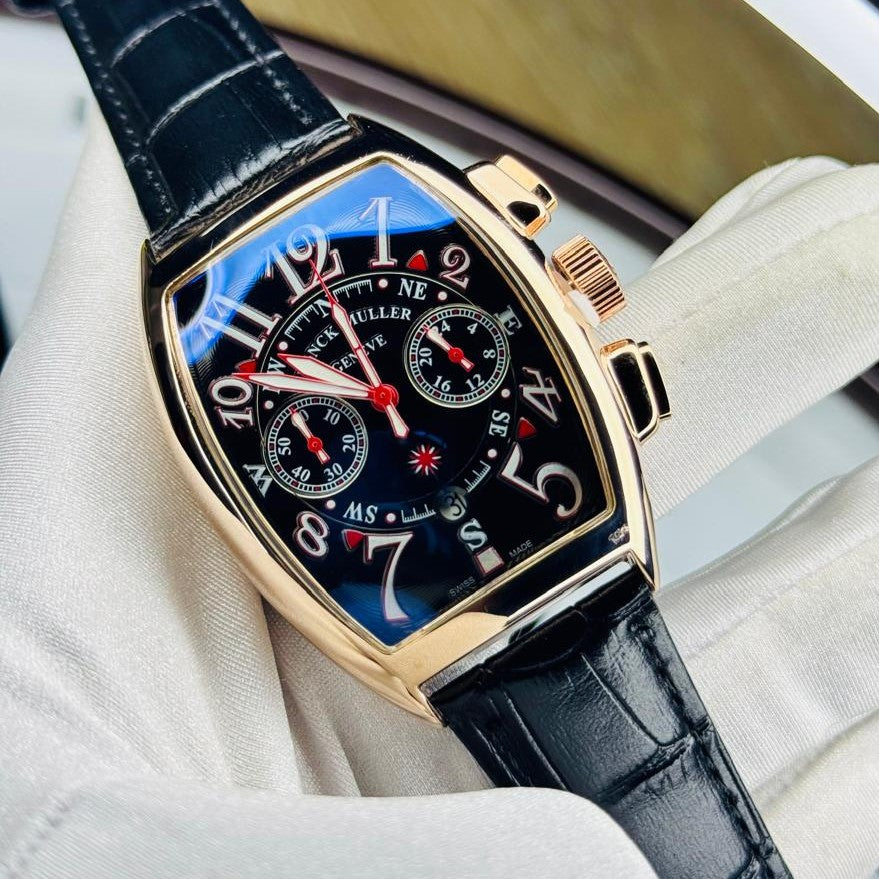 Rose gold tonneau chronograph watch with black dial – ZENO