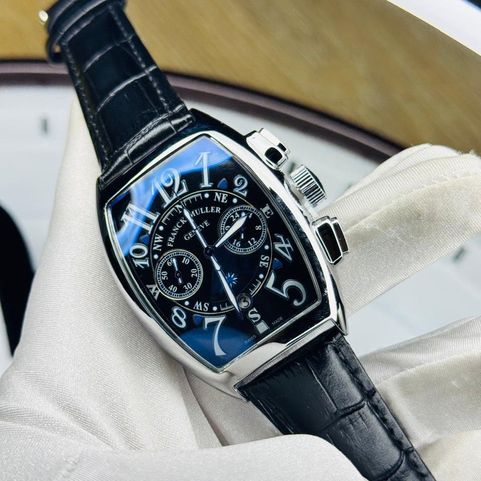 Silver tonneau chronograph watch with black dial – ZENO